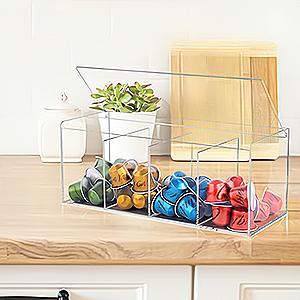 Coffee Pod Holder, Organizer for K Cup, Storage for Coffee Station Counter, Compatible with Nespresso Capsule& Keurig Pods, Coffee Bar Accessories, Acrylic 4 Compartment with Lid - Clear