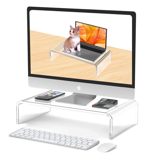 Acrylic Monitor Stand Riser and Laptop Stand - Clear Desk Accessories for Home and Office, White Aesthetic Decorations, iMac Organizer.