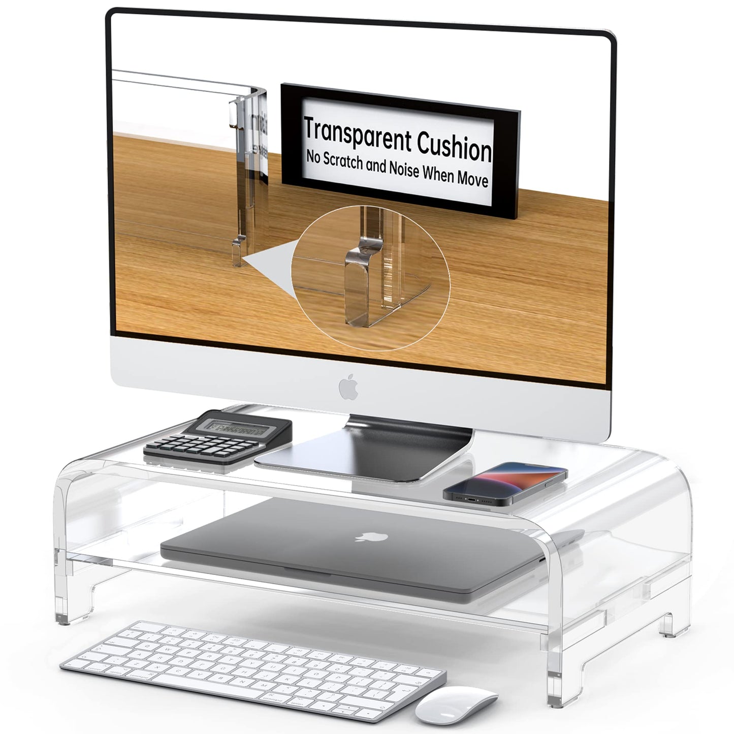 Acrylic Monitor Stand Riser and Laptop Stand - Clear Desk Accessories for Home and Office, White Aesthetic Decorations, iMac Organizer.