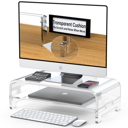 Acrylic Monitor Stand Riser and Laptop Stand - Clear Desk Accessories for Home and Office, White Aesthetic Decorations, iMac Organizer.