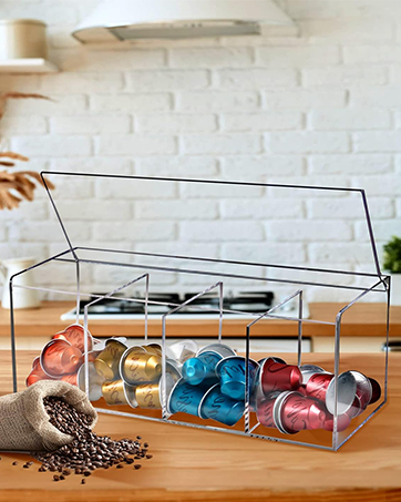 Coffee Pod Holder, Organizer for K Cup, Storage for Coffee Station Counter, Compatible with Nespresso Capsule& Keurig Pods, Coffee Bar Accessories, Acrylic 4 Compartment with Lid - Clear