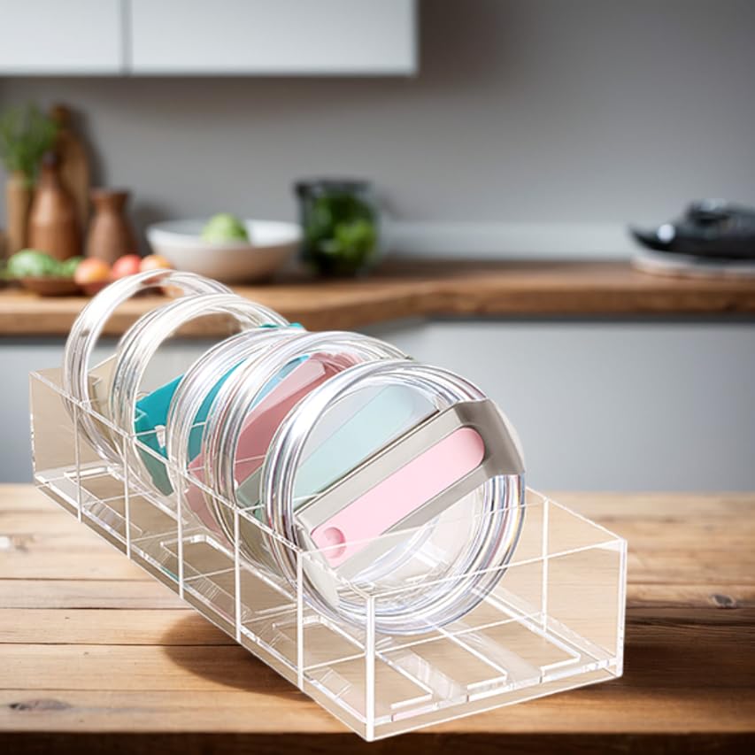 Acrylic Tumbler Lid Organizer, Cup Lid Organizer for Yeti Tumbler/Stanley Tumbler/Simple Modern Tumbler Lids, Tumbler Lid Holder for Kitchen Countertop