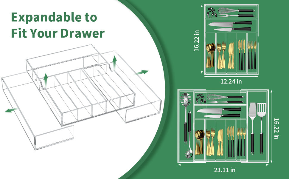 Expandable Kitchen Drawer Organizer for Flatware and Utensils,Clear Acrylic Adjustable Silverware Tray for Drawer,Office,Bathroom Supplies-9 Compartments