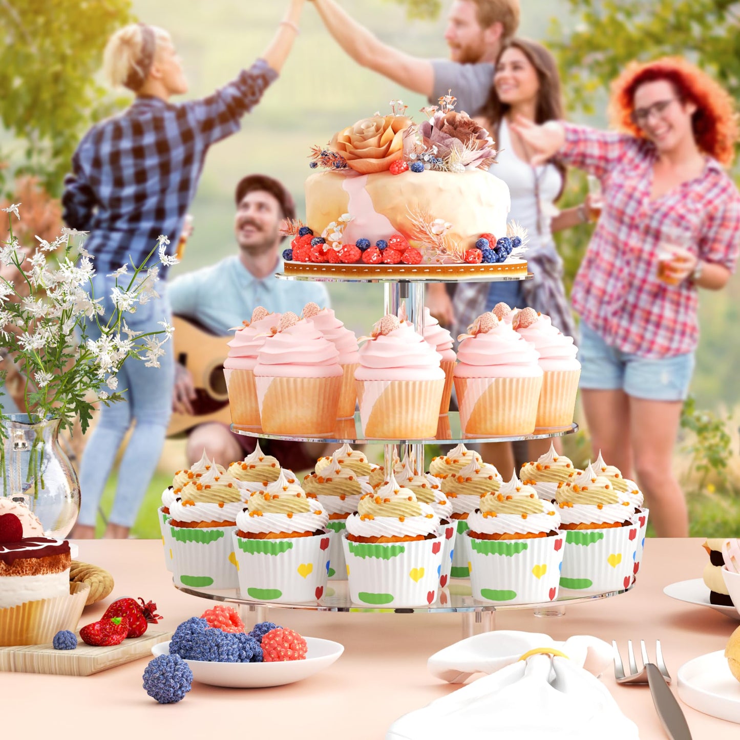 Large 4 Tier Acrylic Round Cake Stand Cupcake Stand Dessert Tower Tea Party Serving Platter, Cupcake Tree Wedding Party Décor, Stand with Rod Feet