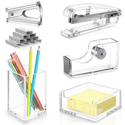 6 Pieces Clear Office Desk Accessories for Women Office Supplies Include Clear Acrylic Tape Dispenser, Notepad Holder, Stapler, Pen Holder, Staples and Staple Remover for Student Teacher
