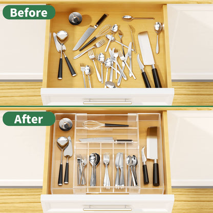 Expandable Kitchen Drawer Organizer for Flatware and Utensils,Clear Acrylic Adjustable Silverware Tray for Drawer,Office,Bathroom Supplies-9 Compartments