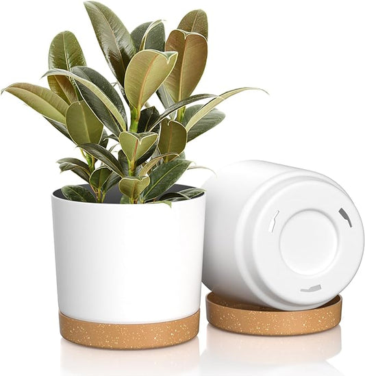 6.5 inch Plant Pots, Plastic Planter with Drainage Hole and Saucer, A Set of 2 Flower Pots for Indoor, Outdoor, House Plants, Succulents, Flowers (White)
