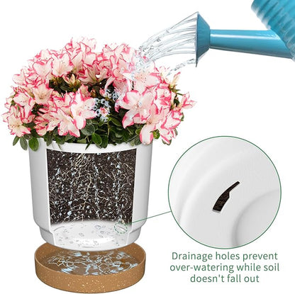 8 inch Plant Pots, Plastic Planter with Drainage Hole and Saucer, A Set of 2 Flower Pots for Indoor, Outdoor, House Plants, Succulents, Flowers (White)