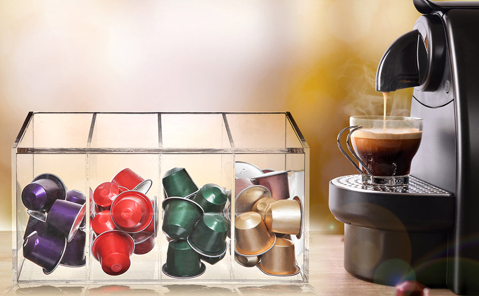 Coffee Pod Holder, Organizer for K Cup, Storage for Coffee Station Counter, Compatible with Nespresso Capsule& Keurig Pods, Coffee Bar Accessories, Acrylic 4 Compartment with Lid - Clear
