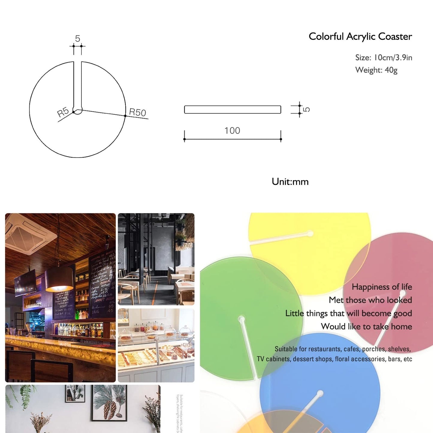 3.9 inch Creative Acrylic Rainbow Coasters, Coffee Tea Drink Mug Pads Bar Restaurant Shooting Props Cup Mat