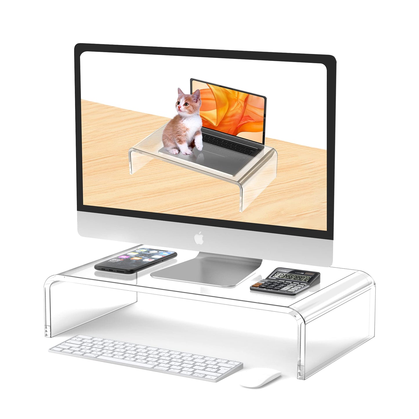 Acrylic Monitor Stand Riser and Laptop Stand - Clear Desk Accessories for Home and Office, White Aesthetic Decorations, iMac Organizer.