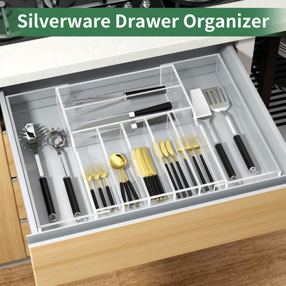 Expandable Kitchen Drawer Organizer for Flatware and Utensils,Clear Acrylic Adjustable Silverware Tray for Drawer,Office,Bathroom Supplies-9 Compartments